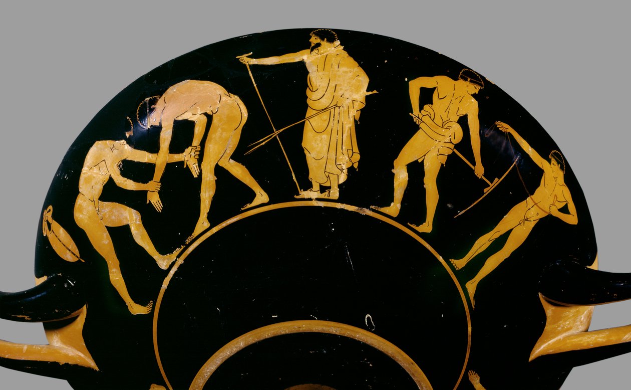 Athenian red-figure cup; depiction a trainer with wrestlers and other athletes, 480 BC by Greek