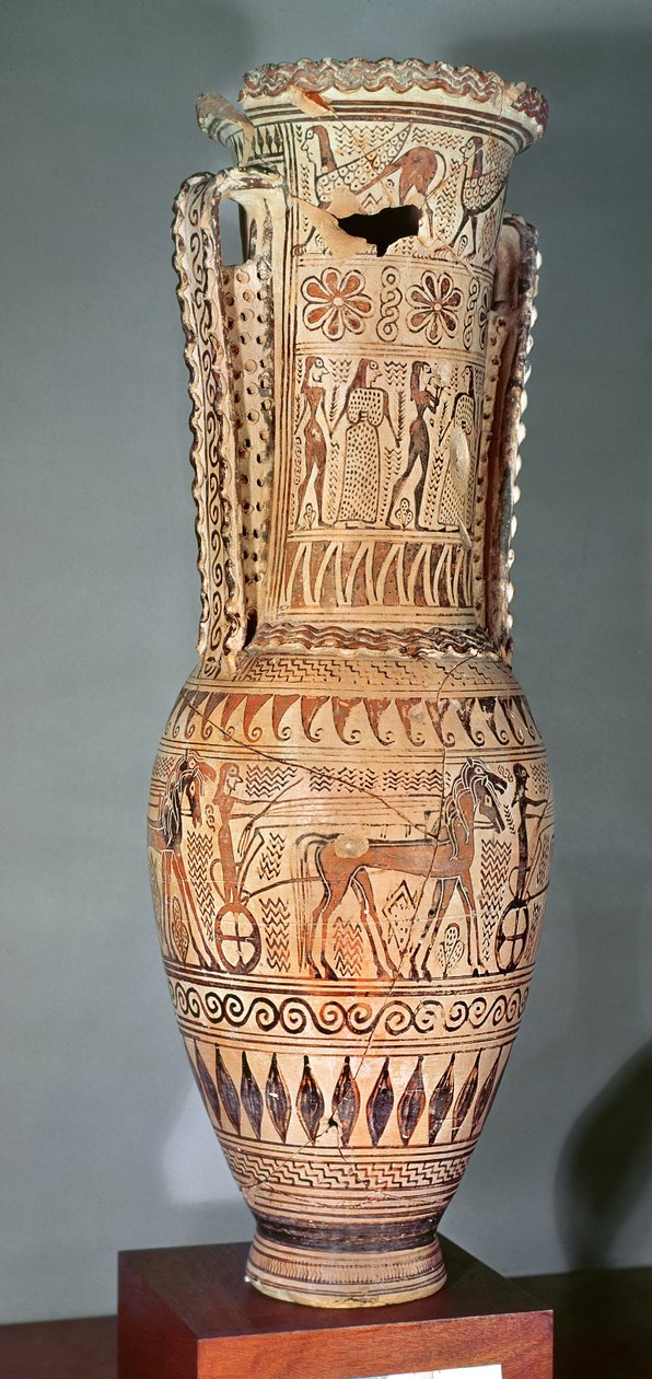 Loutrophoros Depicting a Sphinx, Various Figures and a Parade of Chariots, Proto-Attic, c.690 BC by Greek