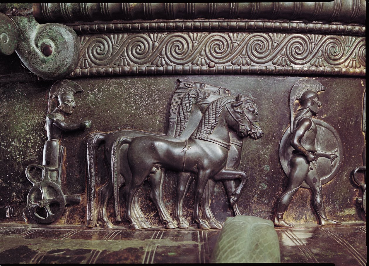 A Quadriga and a Hoplite, detail of the frieze around the neck of the Vix Krater bronze see also 40863 by Greek