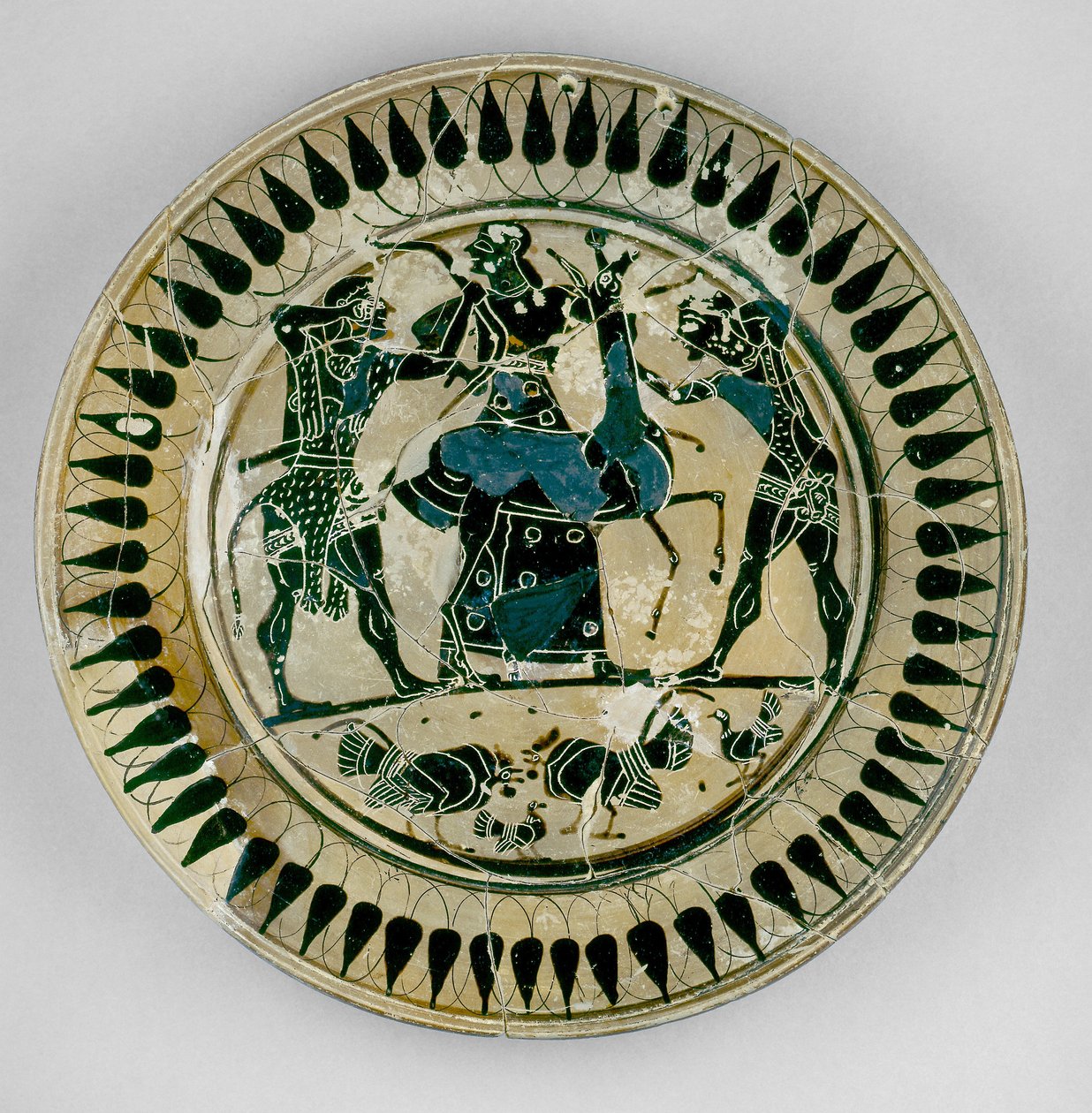 Attic black-figure plate decorated with a scene of Heracles and Apollo fighting over a deer and being separated by Artemis, in the manner of Lydos, from Greece by Greek