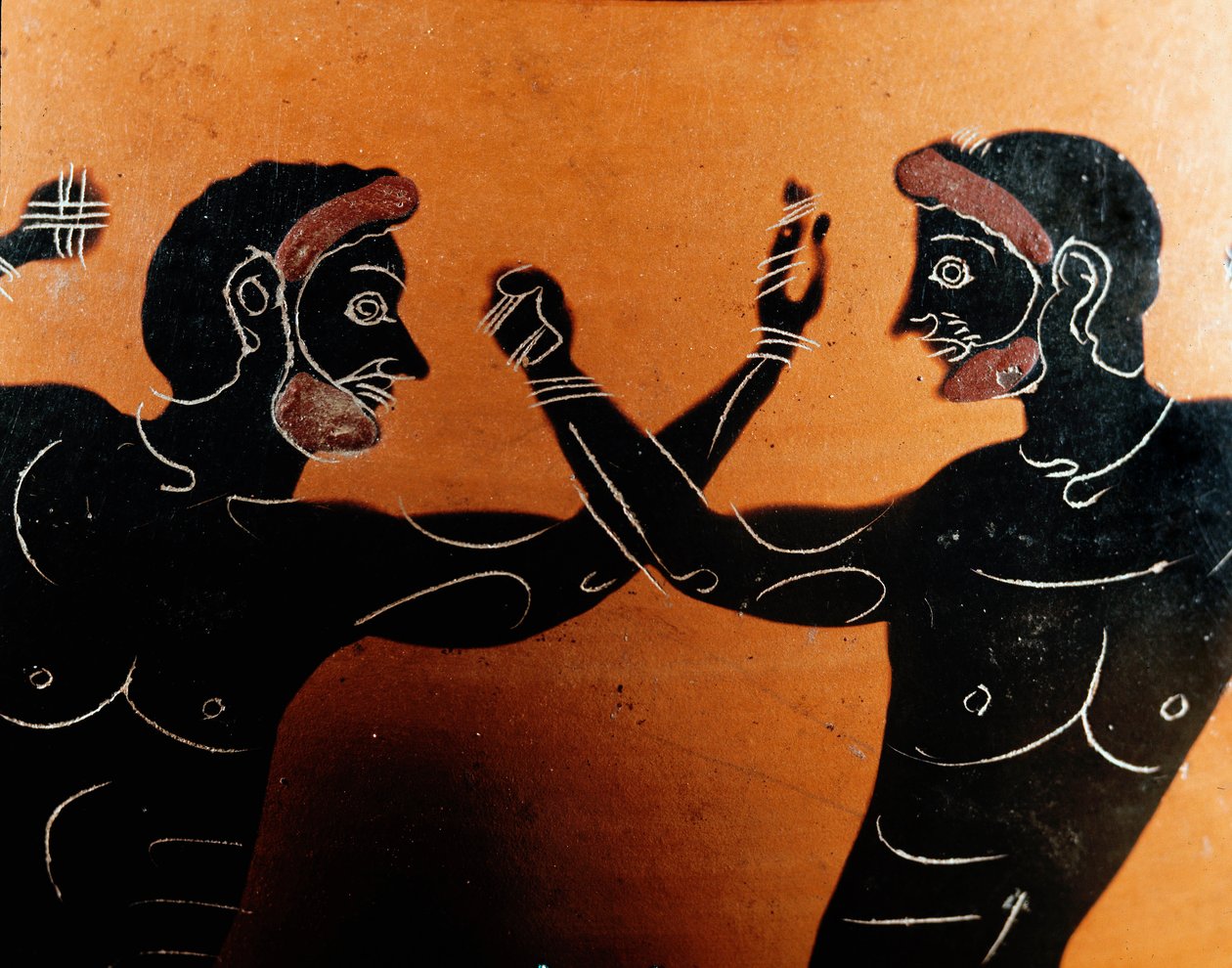 Greek Art: Panathenaic Terracotta amphora: detail depicting a battle of pugilat. Tomb of the Vulci warrior. Rome, Museo Nazionale di Villa Giulia by Greek