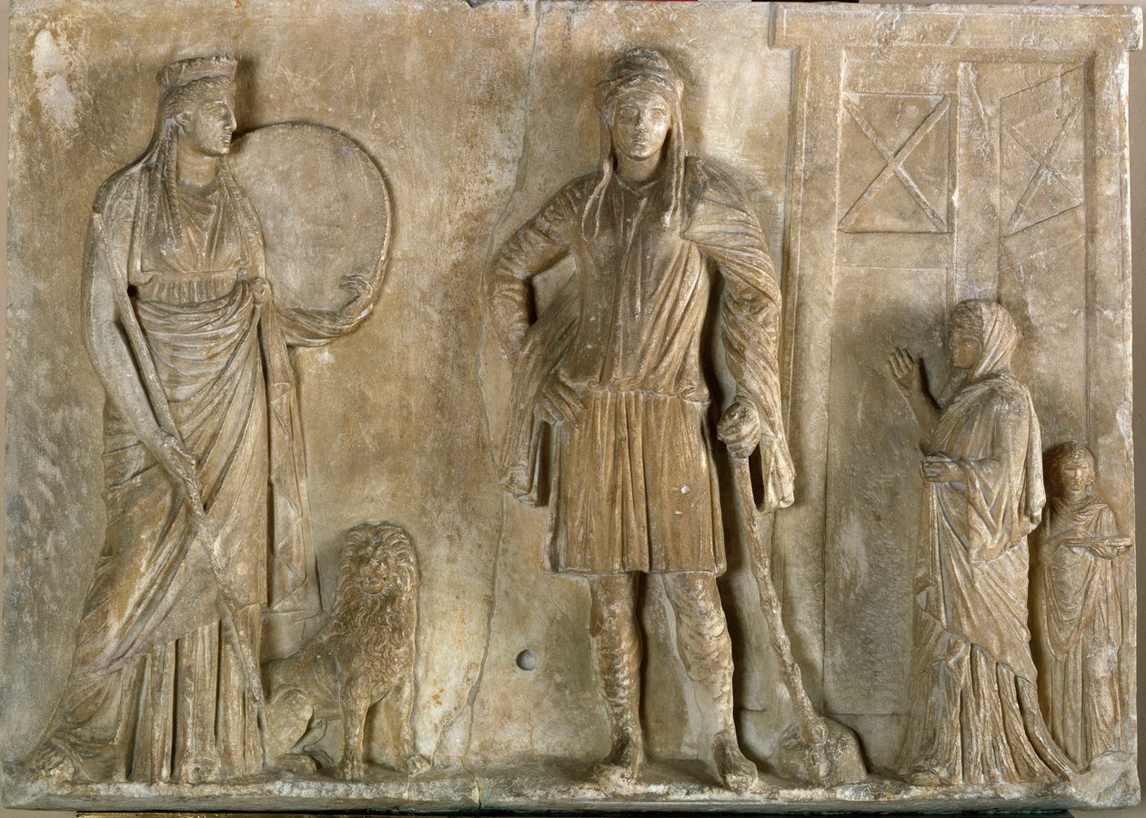 Phrygian divinities Cybele and Attis, his son and lover - Marble relief by Greek