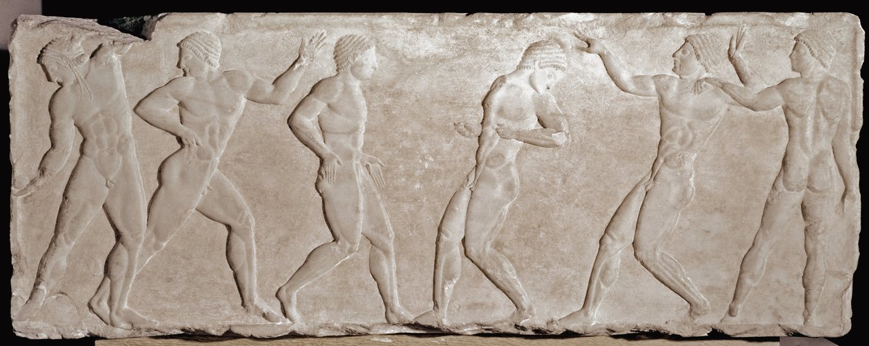 Marble relief of a funerary kouros representing six athletes. 510-500 BC. From the Acropolis, Athens. National Museum of Archaeology, Athens by Greek