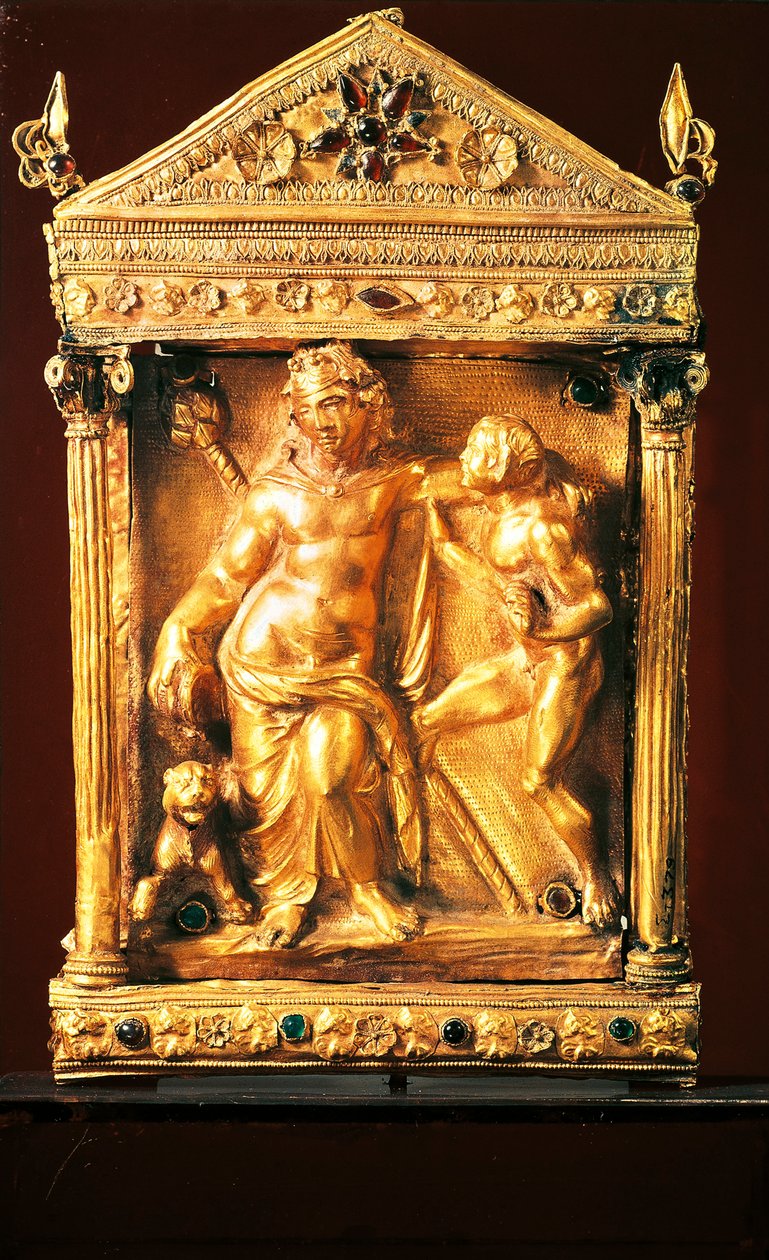 Naiskos with Dionysus inebriated and satyr, small Hellenistic style temple with garnets and emeralds from Thessaly by Greek