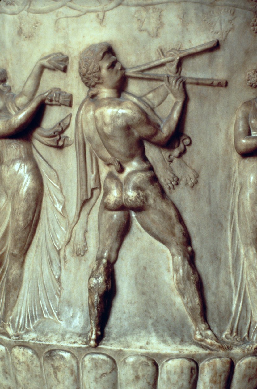 The Borghese Crater or Vase (detail of relief depicting a man playing the double flute) by Greek