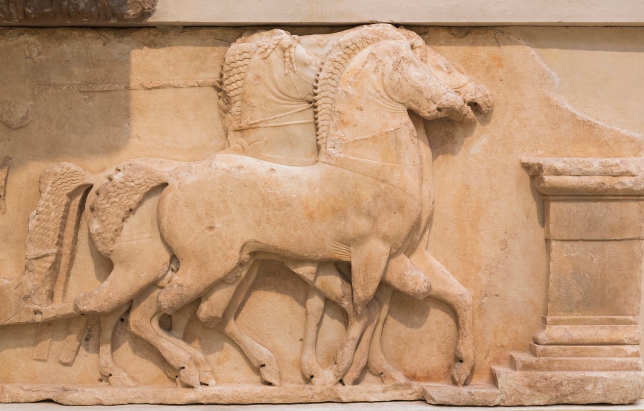 Four Horses (Quadriga) Pulling a Chariot from the Southern Frieze of the Treasury of the Siphnians, Constructed c.530-480 BC by Greek