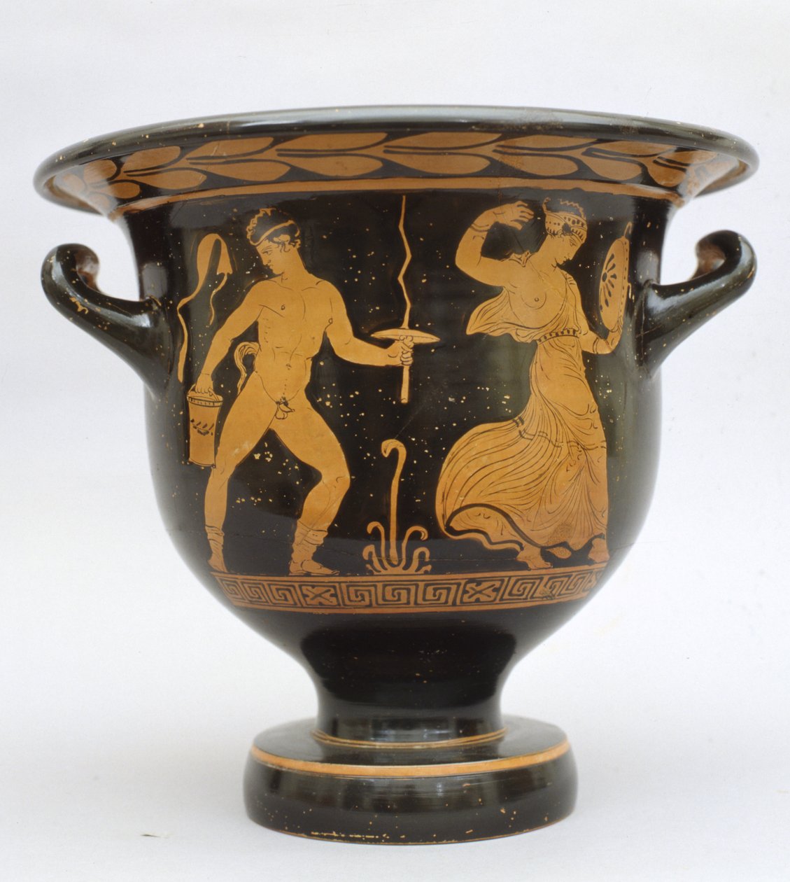 Bell-shaped Proto-Apulian Krater with Satyr and Maenad from Matera, Italy by Greek School