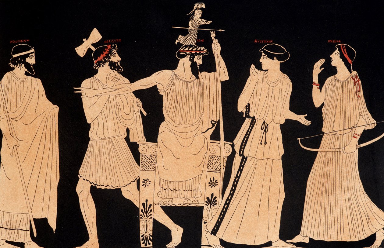 Birth of Athena coming out of the head of Jupiter (Zeus), painting found in Vulci, ed. 20th century by Greek School