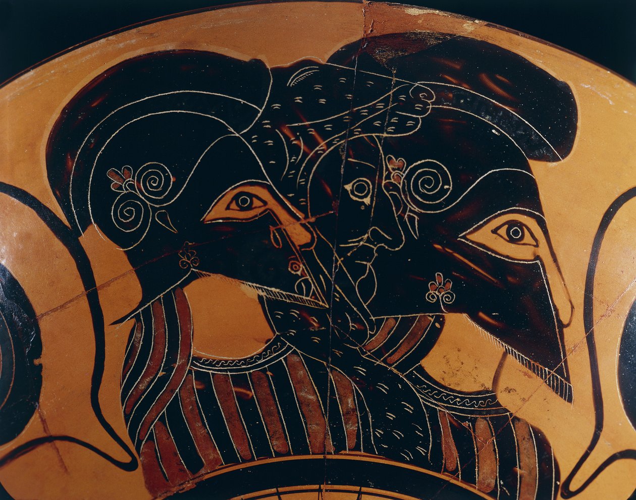 Greek Black-Figure Vase Depicting Three Warriors with Helmets (detail) by Greek School