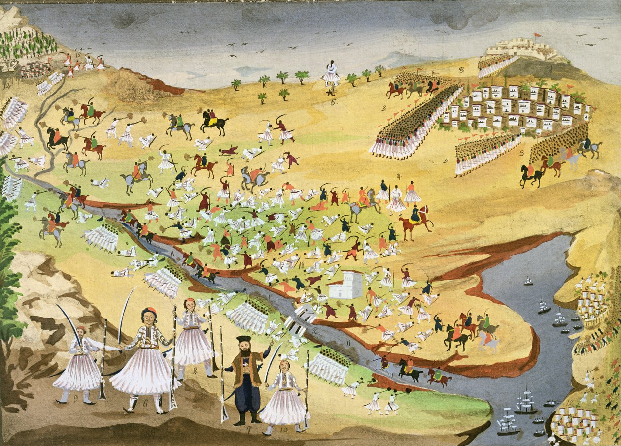 First Battle Between Greeks and Turks at the Alamana Bridge in 1821, from the Pictorial History of the Greek War of Independence by Greek School