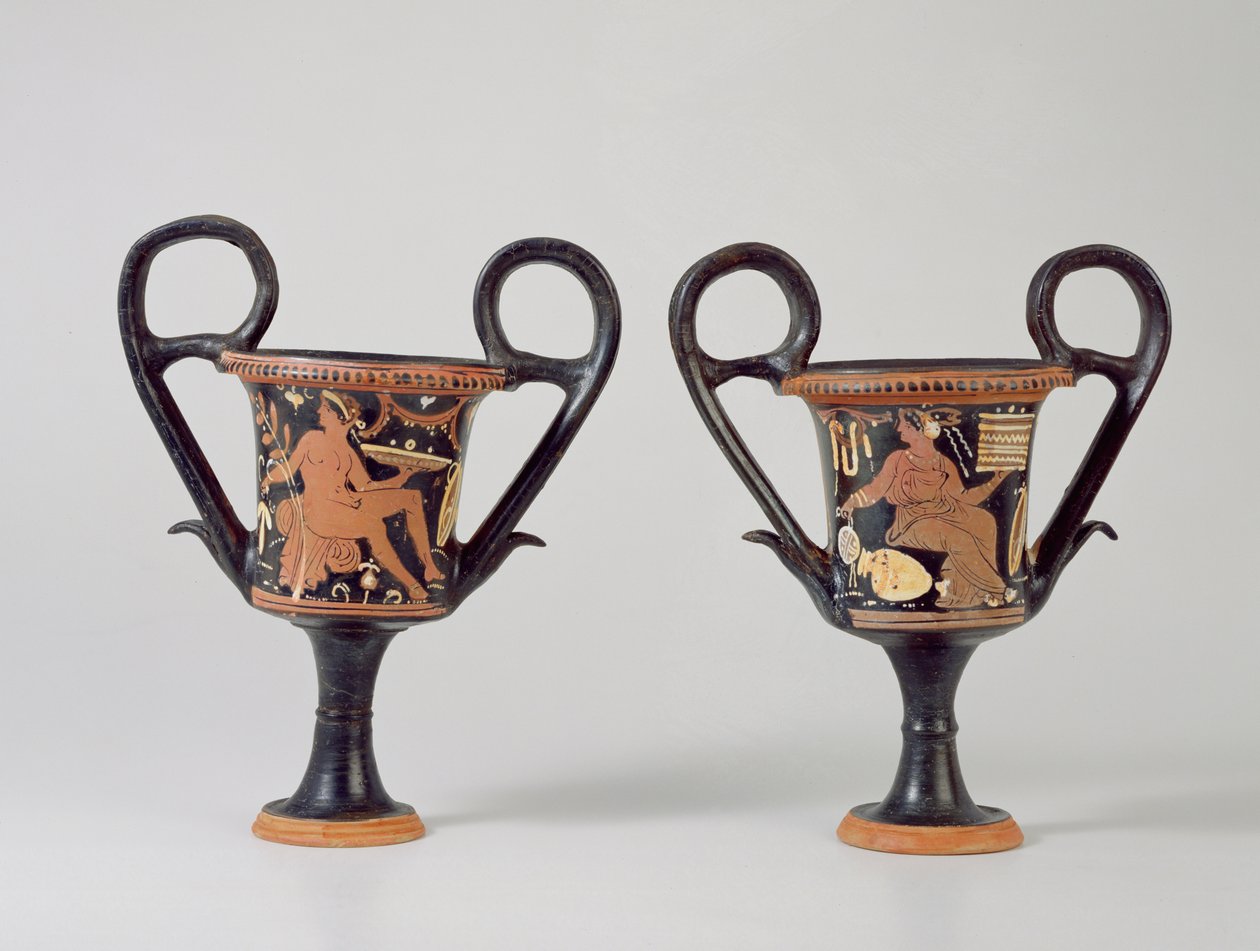 Red-figure kantharos depicting a youth and kantharos depicting a woman, c.310 BC by Greek School