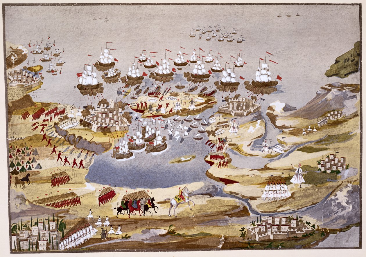 Siege and Naval Battle (plate 13) from Pictorial History of the Greek War of Independence by General Makryjannis by Greek School