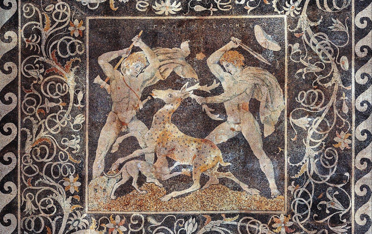 Stag Hunt Mosaic, Alexander the Great and Hephestion, Pella, Greece, 330-300 BC by Greek School