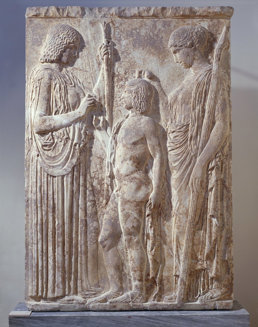 Marble Bas-Relief Depicting Triad of Eleusinian Mysteries with Persephone, Demeter and Triptolemus by Greek School