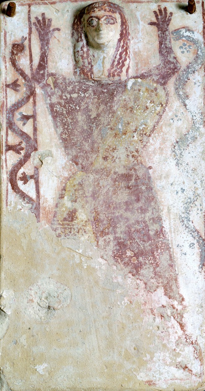 Polychrome Painting on Pinax and Relief Depicting Feminine Deity with Serpent from Agora of Athens, Greece, Greek Civilization, 7th Century BC by Greek School
