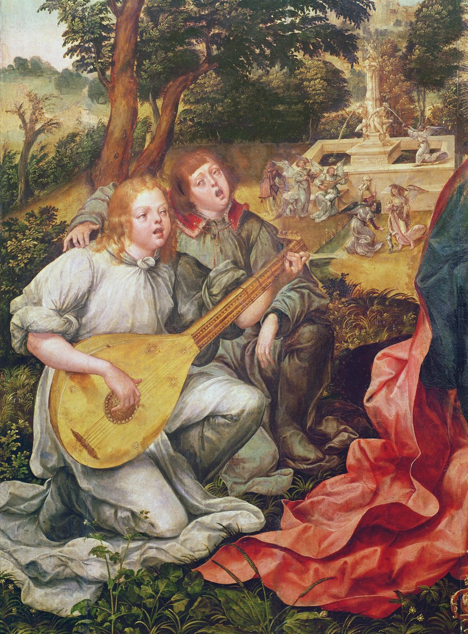 Virgin and Child with Angels, Detail of Angel Musicians by Gregorio Lopez