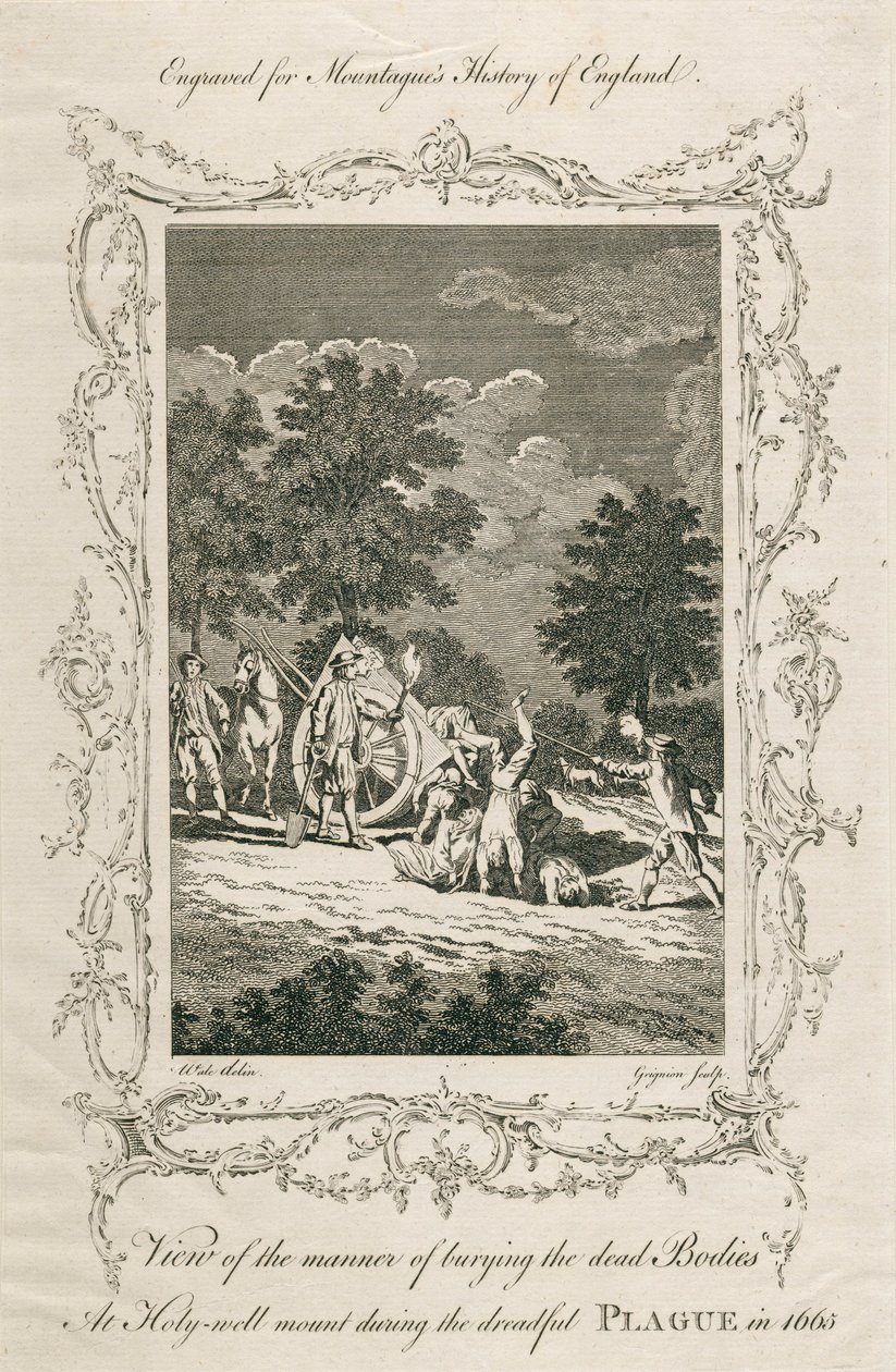 Burying plague victims, Holywell Mount, Shoreditch, London, 1665, late 18th century by Grignion