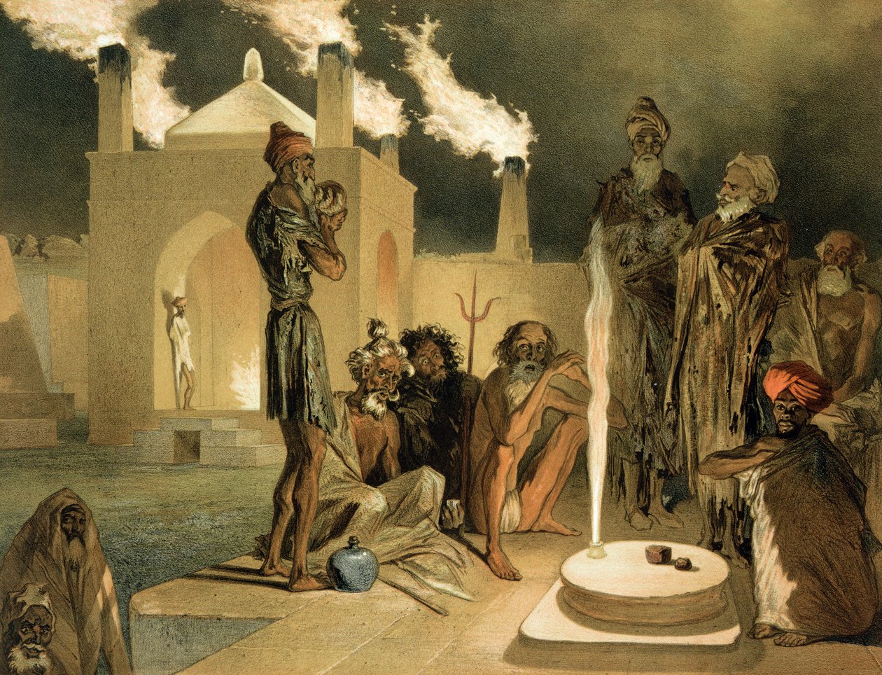Ateseh-Gah, Indians Devoted to the Cult of Fire, Baku, plate 44 from a book on the Caucasus, engraved by Leroux, pub. by Alfred Leon Lemercier by Grigori Grigorevich Gagarin