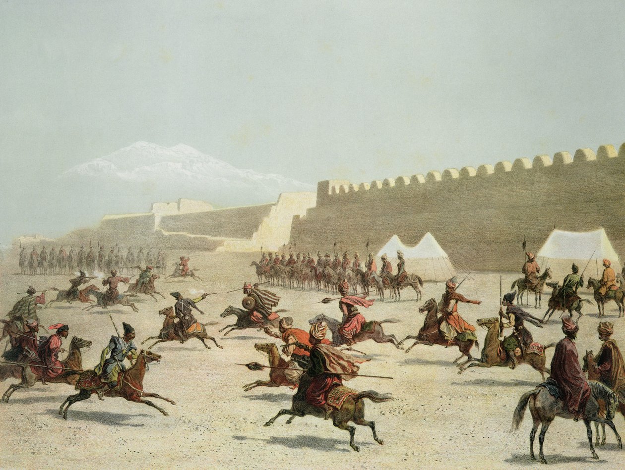 Kurdish and Tatar Warriors at Sadar Abbat, Armenia, plate 15 from a book on the Caucasus, Rayot and Jacottet, published by Alfred Leon Lemercier, Paris, 1847 by Grigori Grigorevich Gagarin