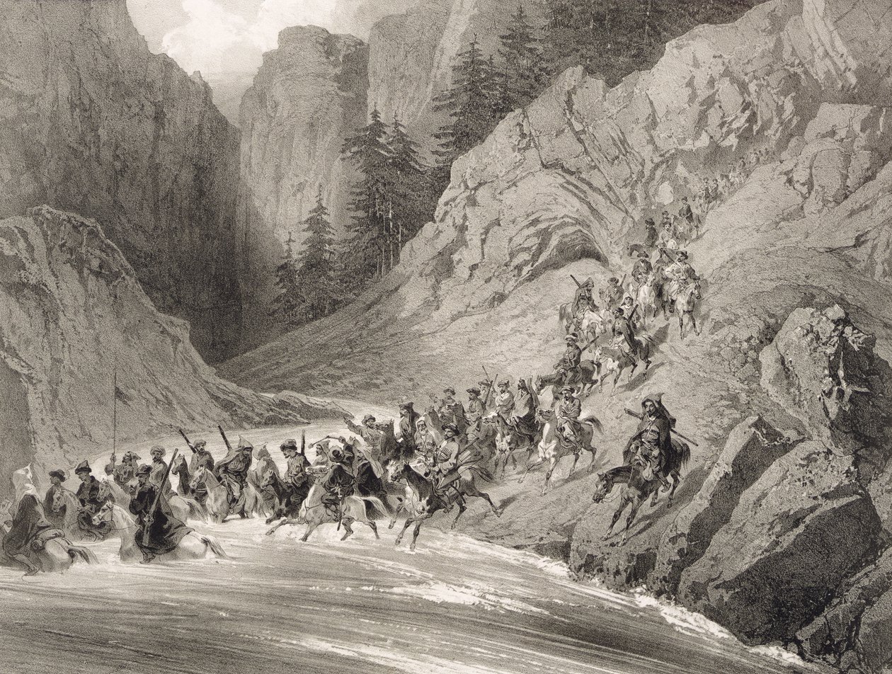 Tcherkersseians on a Raid near the Black Sea, plate 4, from a book on the Caucasus, engraved by Eugene Ciceri and Adolphe Jean-Baptiste Bayot, published by Alfred Leon Lemercier by Grigori Grigorevich Gagarin