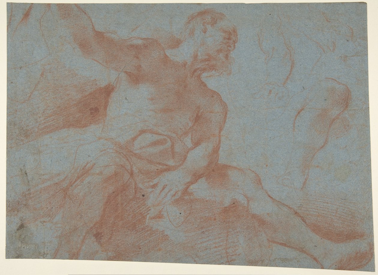Seated Old Man with Right Arm Upraised (Tithonus) (recto) by Guercino