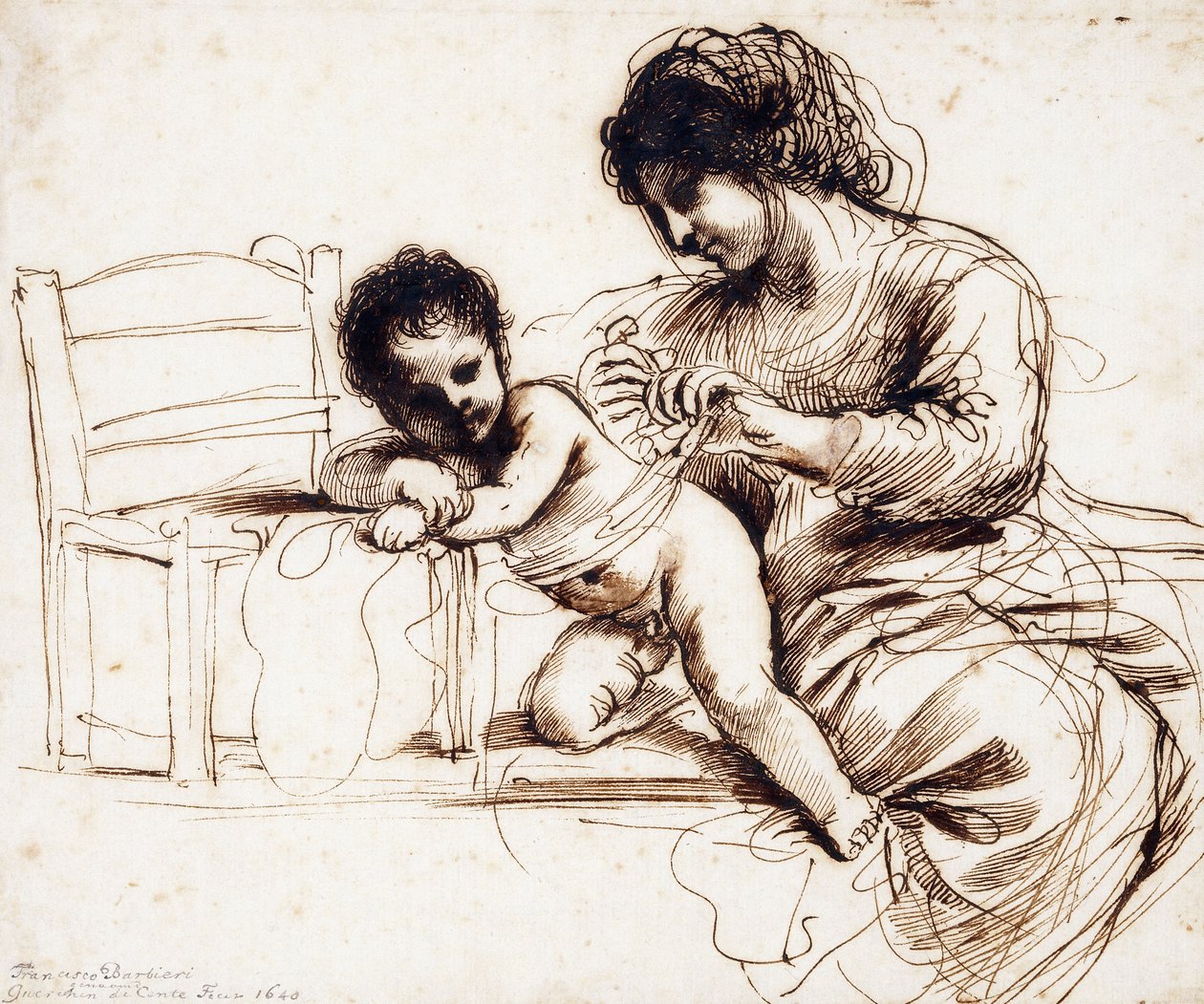 A Mother and Child by a Chair by Guercino