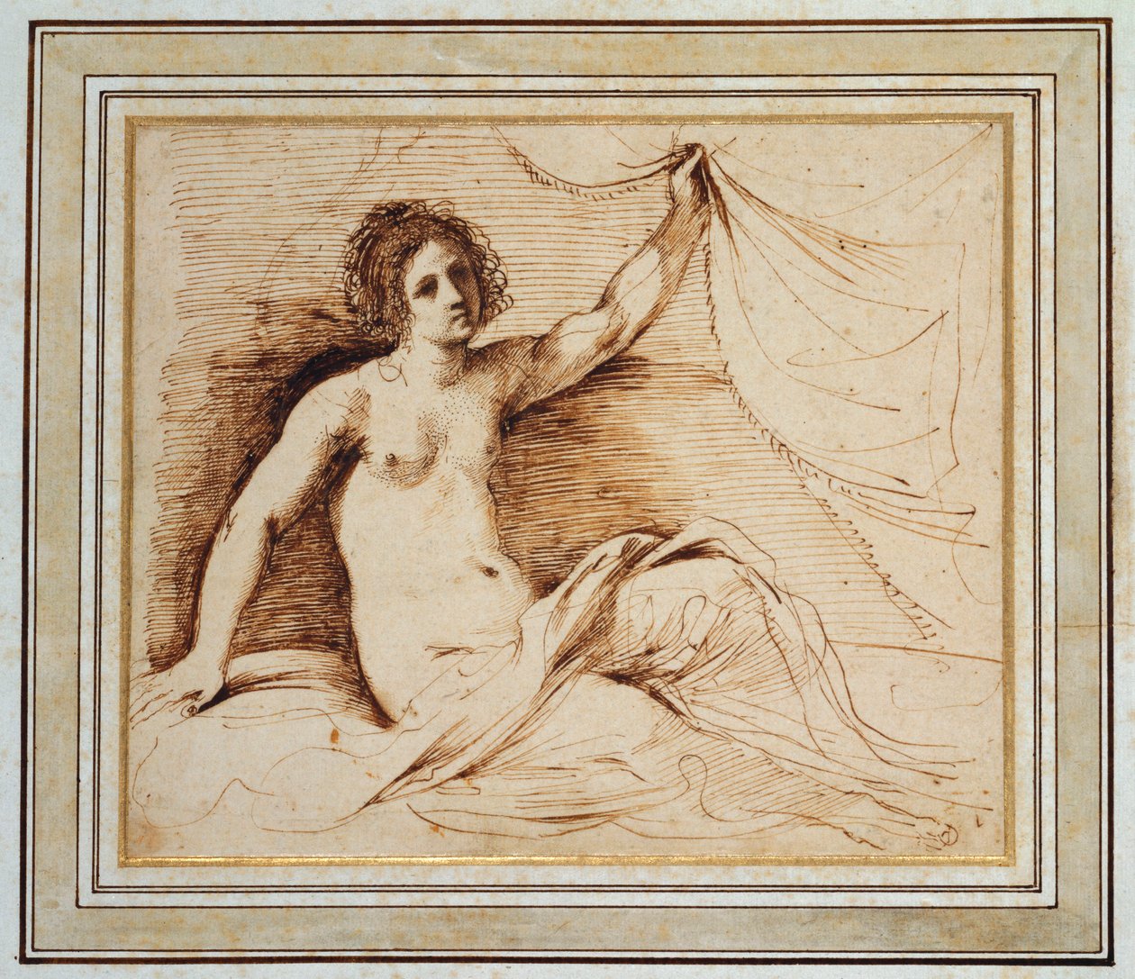 A Reclining Nude Woman Lifting a Curtain by Guercino