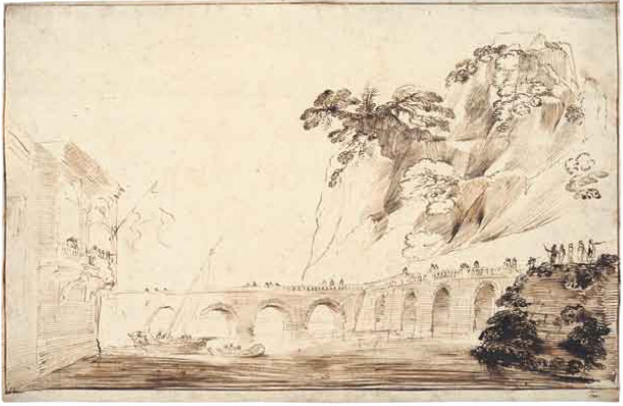 Landscape with a River Crossed by a Bridge, Lined with Spectators, Leading to a Building with an Overhanging Loggia with a Party of Onlookers by Guercino