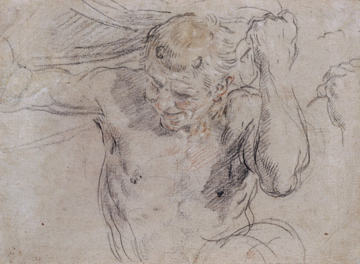 A Satyr Lifting Drapery, and a Subsidiary Study of his Left Hand by Guido Reni