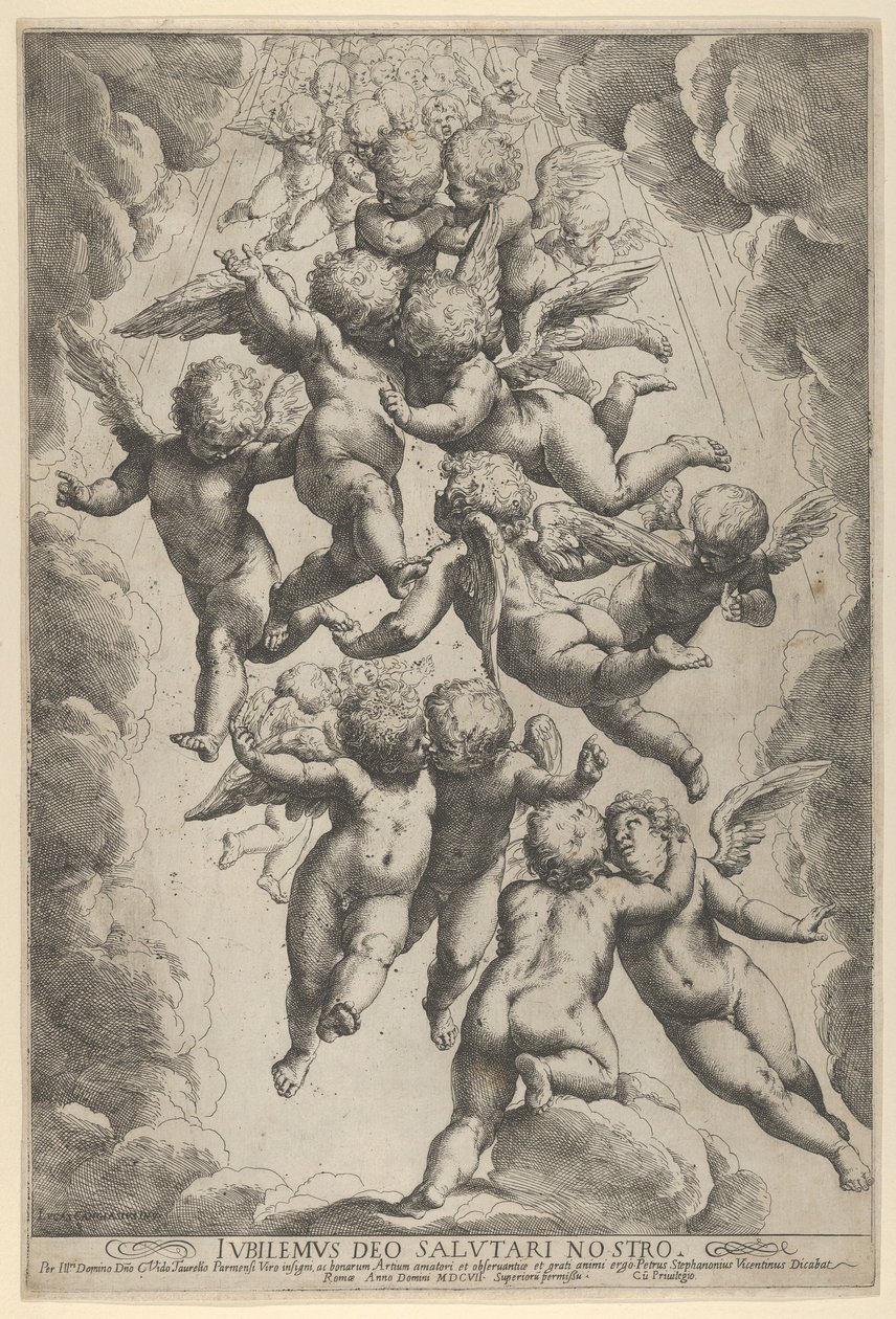A Group of Angels Embracing in Flight, Framed by Clouds by Guido Reni