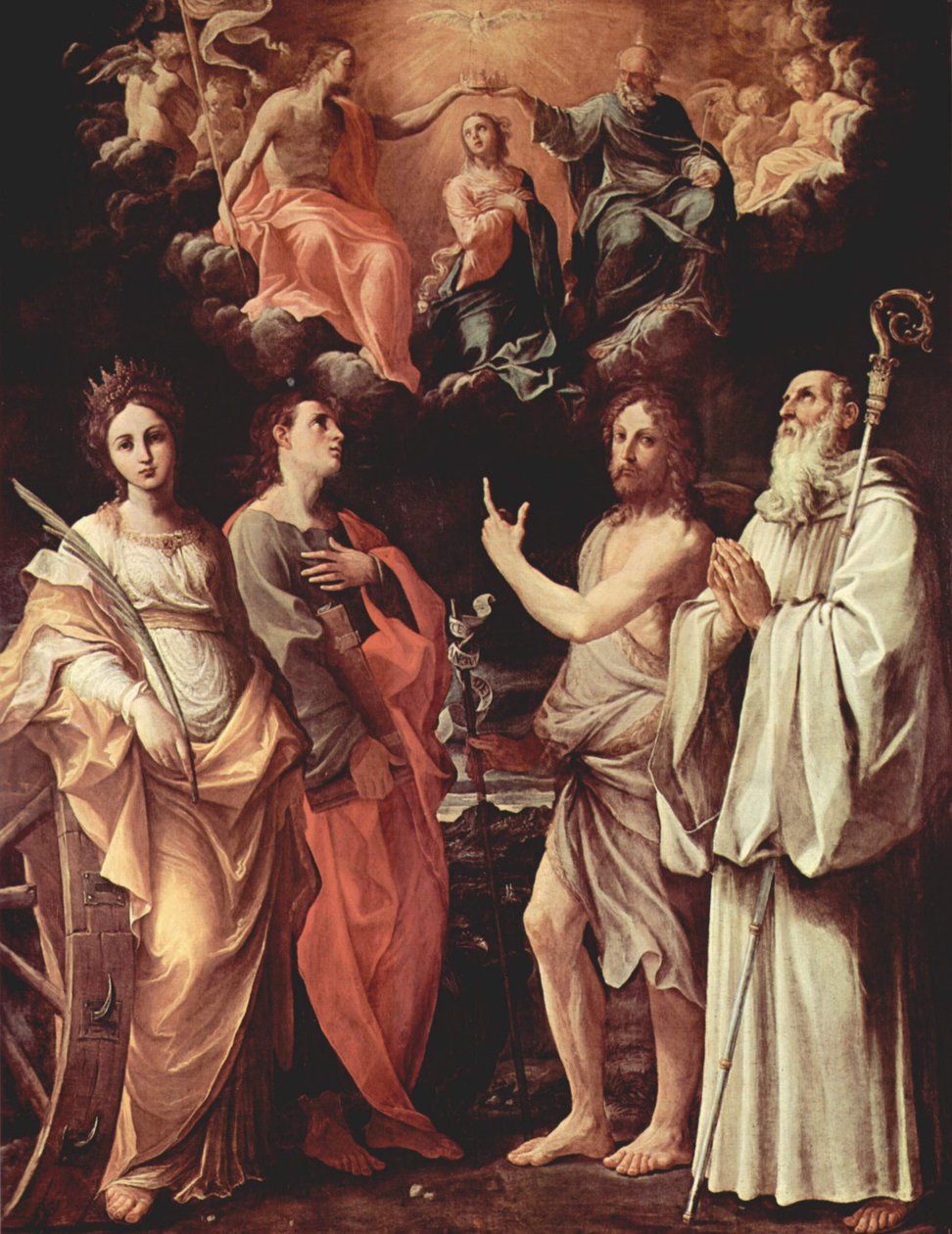 Coronation of the Virgin with Saints John the Evangelist, John the Baptist, Bernard, and Catherine of Alexandria by Guido Reni