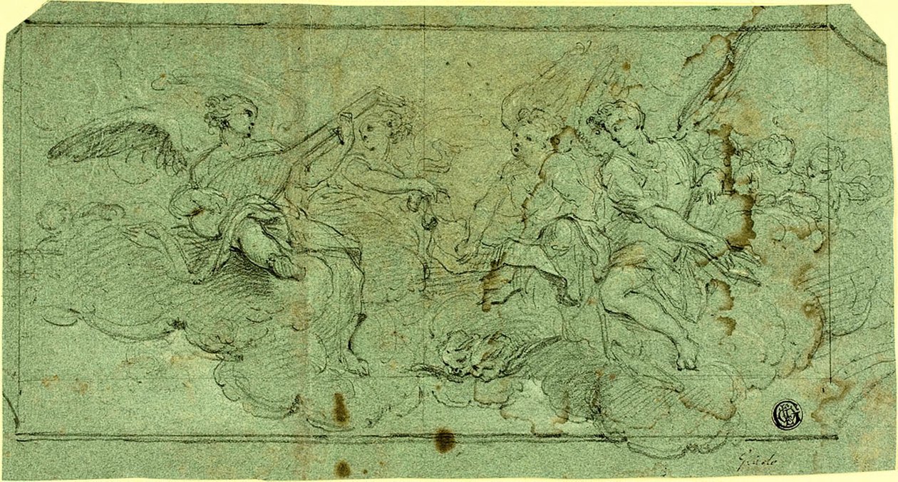 Musician Angels in Clouds (recto); Seated Cleric (verso) by Guido Reni