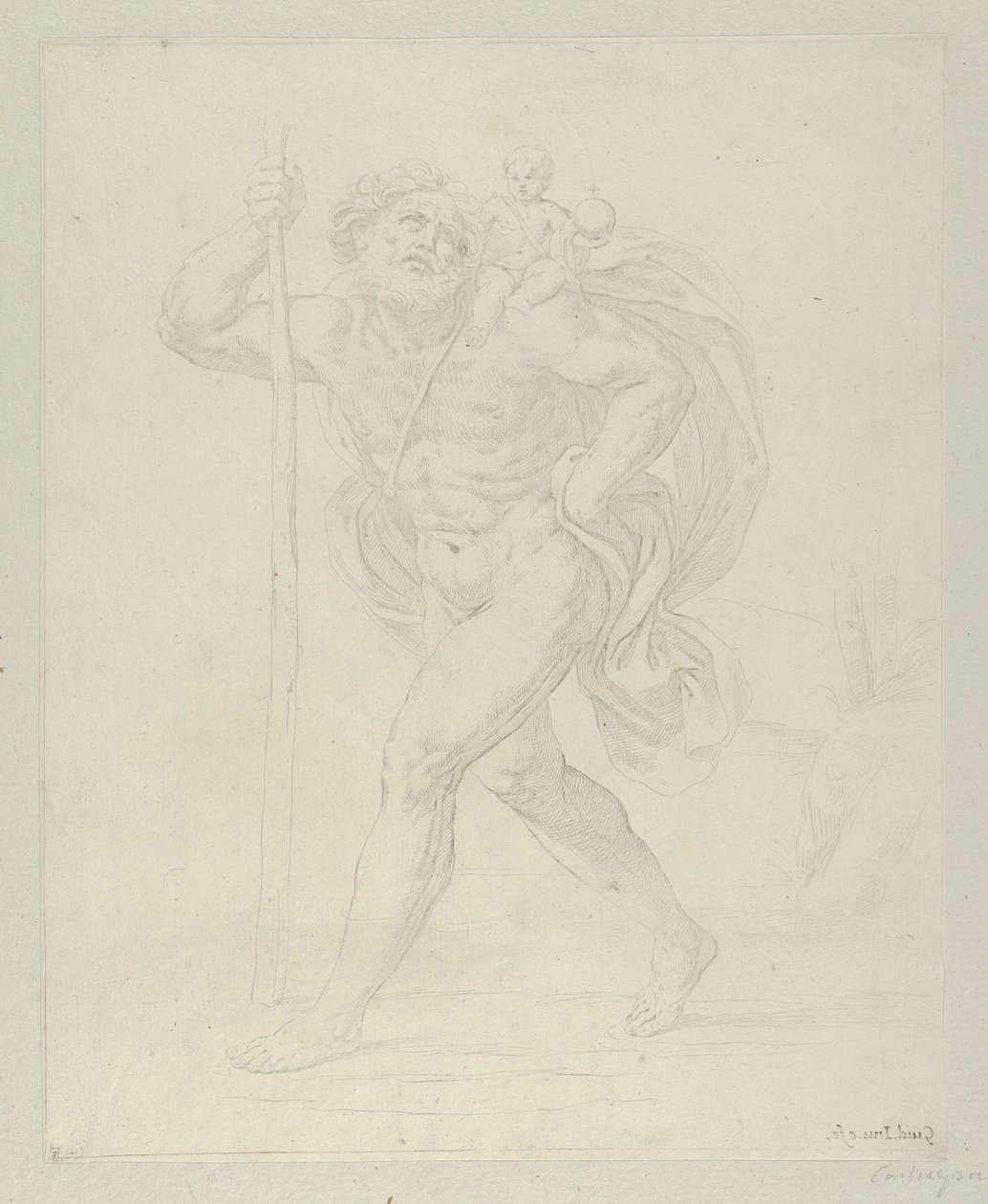 Saint Christopher walking with the infant Christ on his left shoulder by Guido Reni