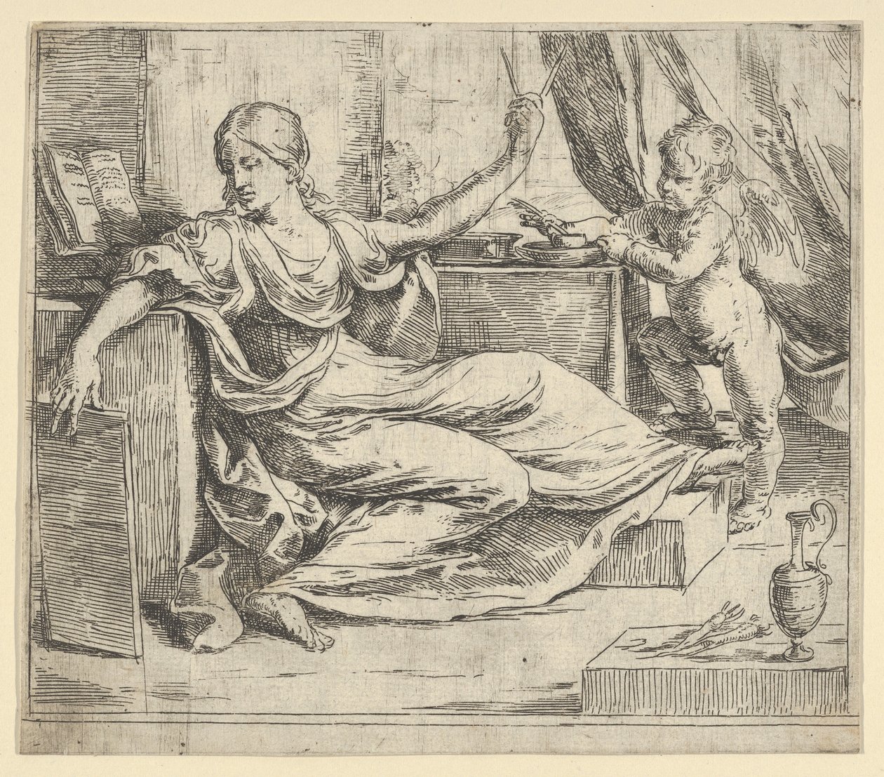 Seated Woman Holding a Tablet and Compass Allegory of Learning, a Winged Putto by Guido Reni