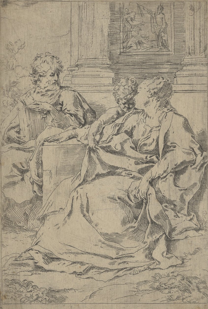 The Holy Family Seated Together in Front of a Colonnade, Saint Joseph Reading by Guido Reni