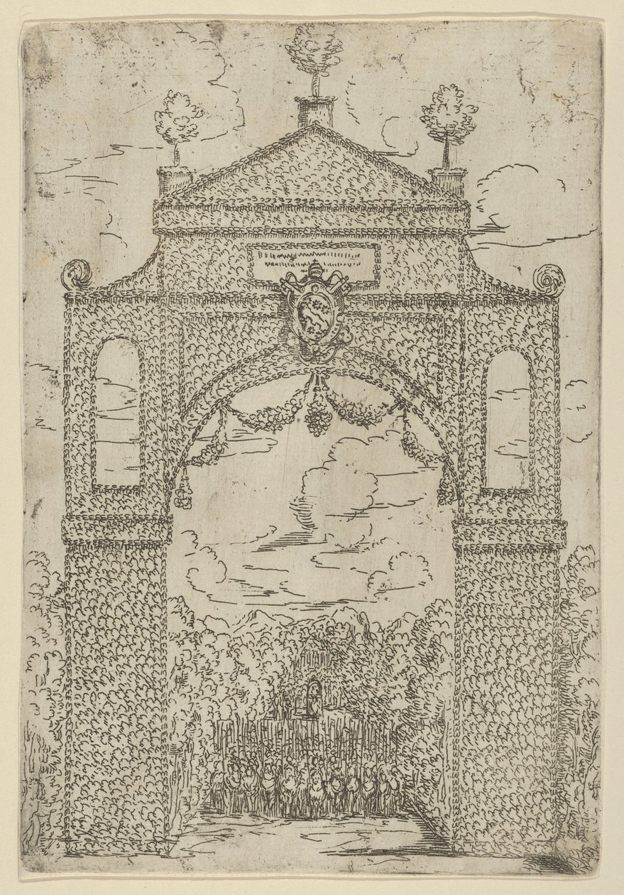Triumphal arch covered in foliage with mounted troops below, a temporary decoration for the event by Guido Reni