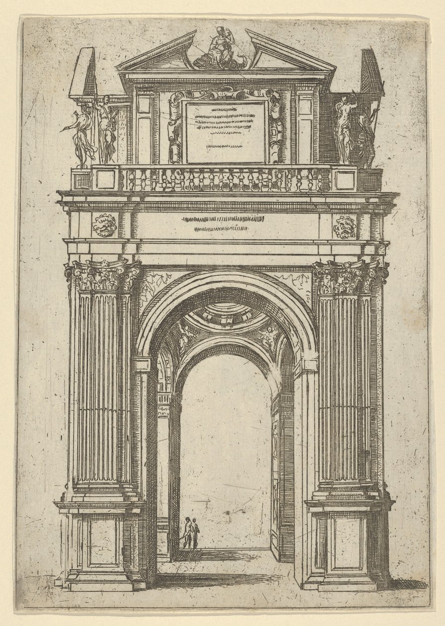 Triumphal Arch Surmounted by Woman Seated on a Dolphin, Four Standing Figures Below, a Temple by Guido Reni