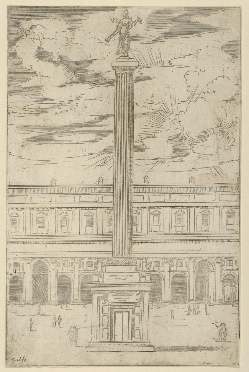 Triumphal Column with Female Figure of Fame Holding a Trumpet at the Top, 1598 by Guido Reni