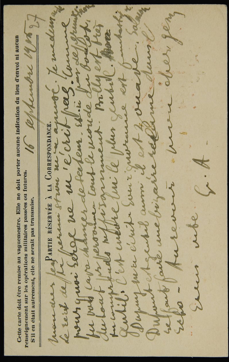 Autograph Postcard to Jean Mollet, Dated 16 September 1915 by Guillaume Apollinaire