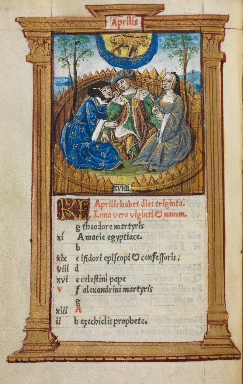 Printed Book of Hours (Use of Rome): April calendar illustration by Guillaume Le Rouge