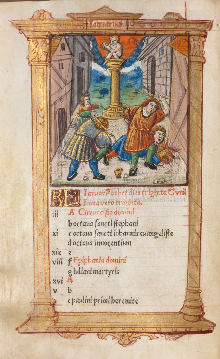 Printed Book of Hours Use of Rome: fol. 2v, January calendar illustration by Guillaume Le Rouge