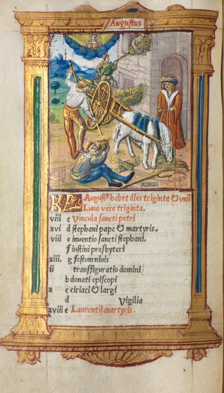 Printed Book of Hours Use of Rome: August calendar illustration by Guillaume Le Rouge