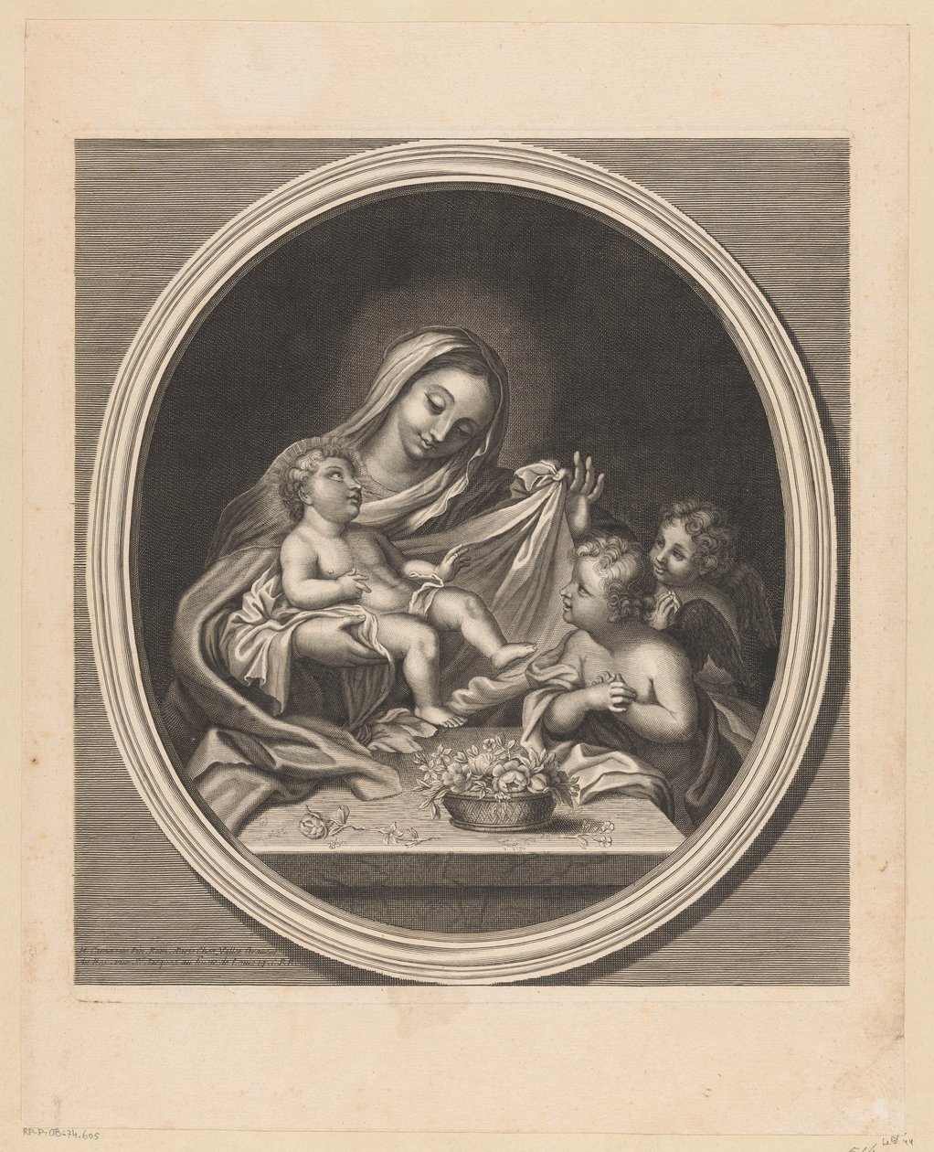 Mary with Child and Two Angels Behind a Table with a Basket of Flowers by Guillaume Vallet