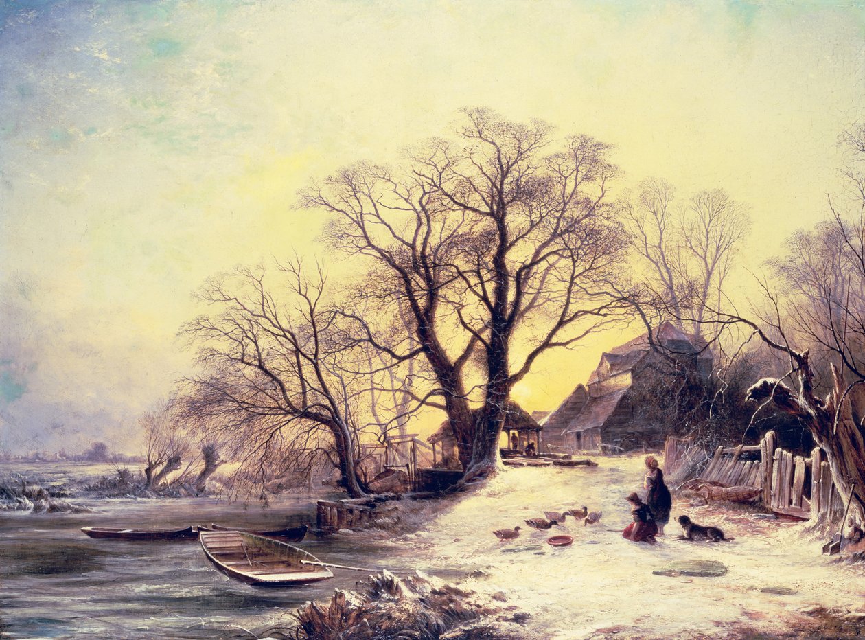 Figures outside a cottage in winter by Gustaf Fredrik Rydberg