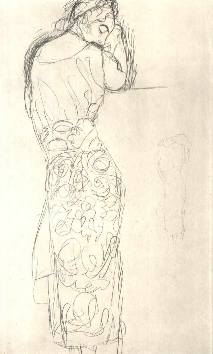 Back View of a Standing Woman in Patterned Skirt by Gustav Klimt