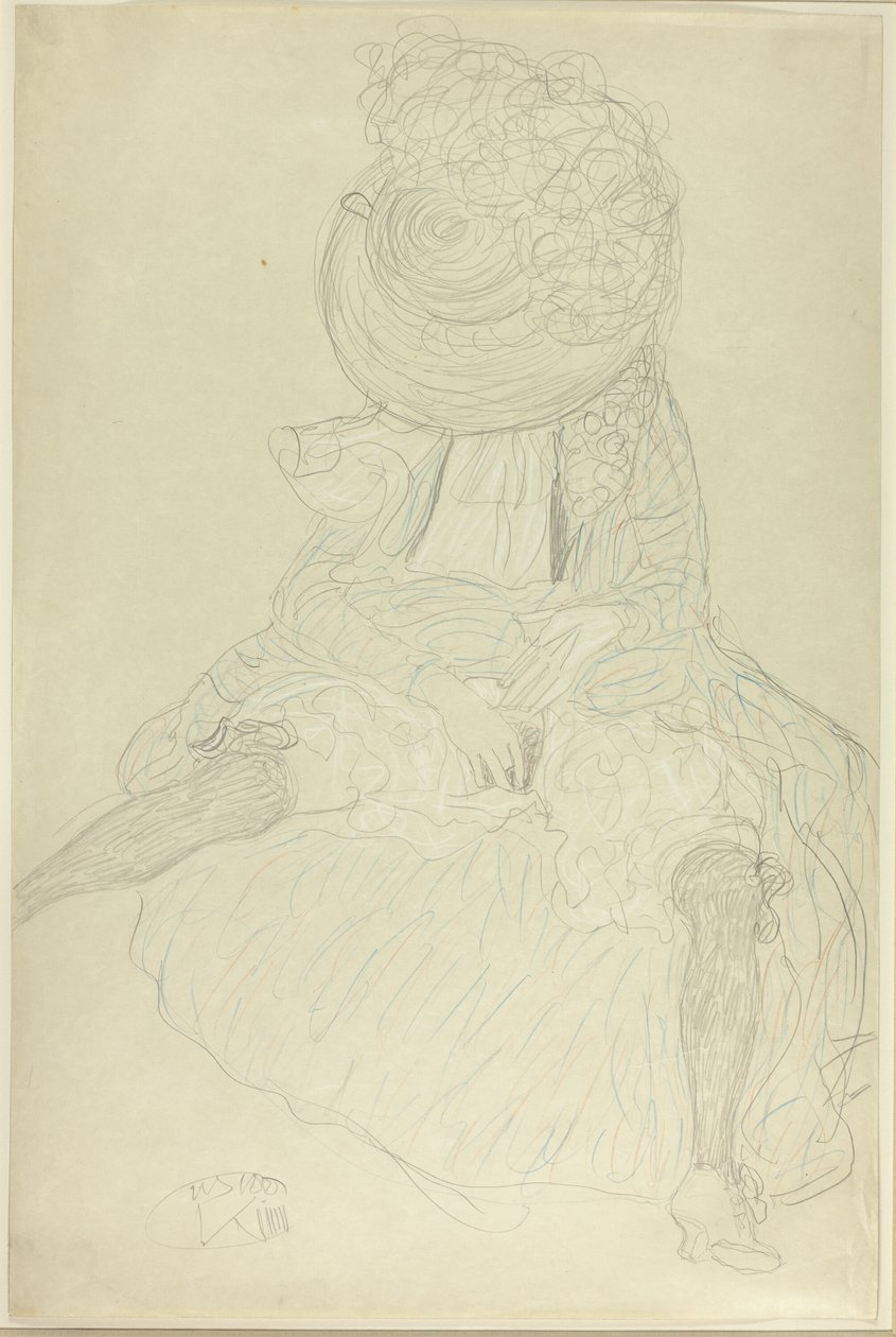 Seated Woman from the Front with Hat, Face Hooded by Gustav Klimt