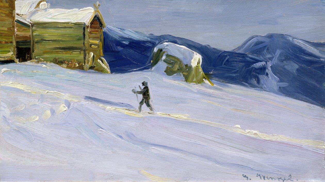 Winter Evening in Vaga with Skier by Gustav Wentzel