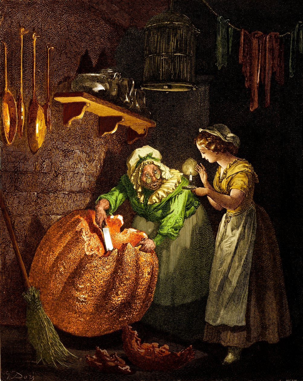 Cinderella: Fairy Godmother Carving the Pumpkin by Gustave Dore