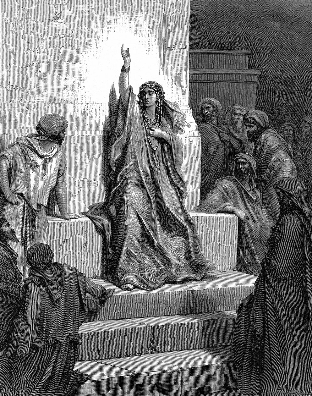 Deborah, Hebrew prophetess who delivered her people from Jabin, King of Canaan, and his general Sisera, singing her song of triumph. Judges 5:1. 13th century BC. From Gustave Dore