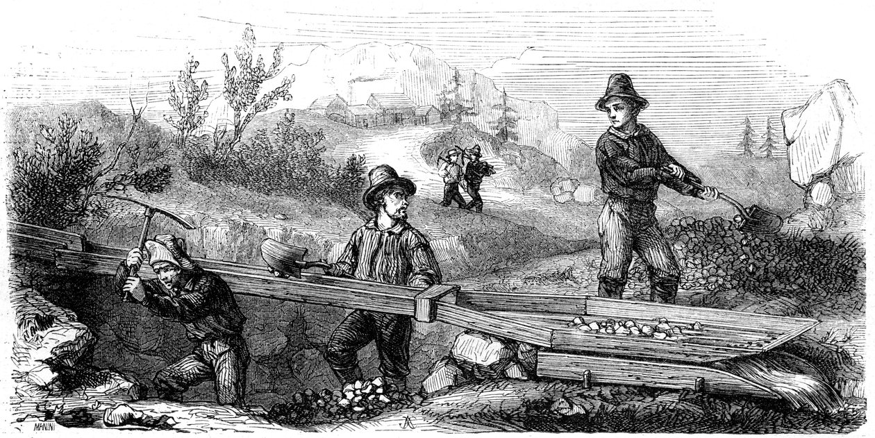French miners working a long tom sluice, California, 19th century by Gustave Adolphe Chassevent Bacques